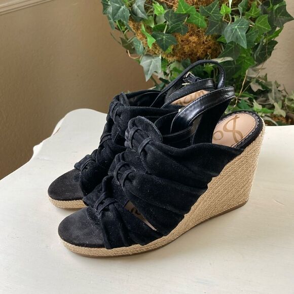 Sam Edelman Awan Cinched Black Wedge Sandals Size 8 - Picture 1 of 12